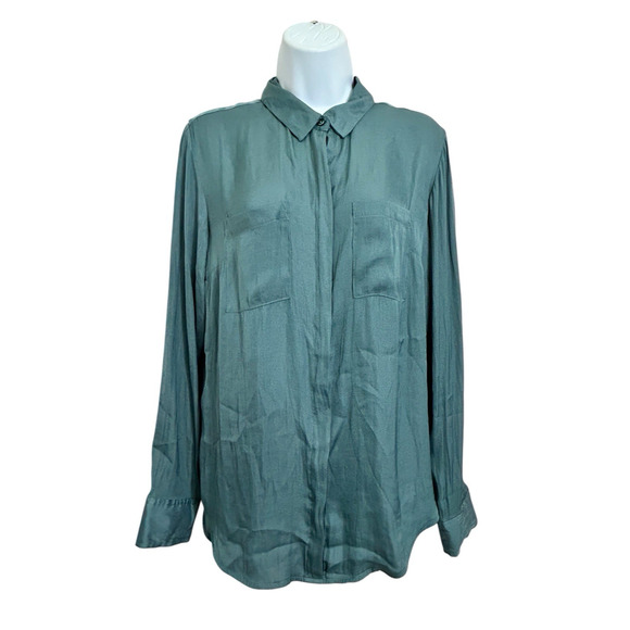 A New Day Silky Dark Green Button Front Shirt Sz M Long-Sleeve Blouse Pockets - Picture 6 of 6